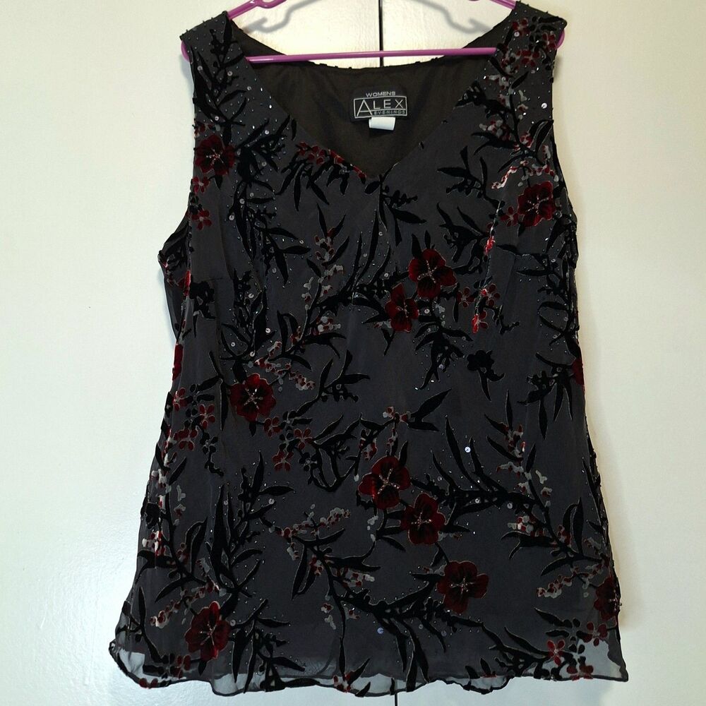 Alex Evenings Red & Black Floral Silk Velvet Burnout Blouse Sz 22W